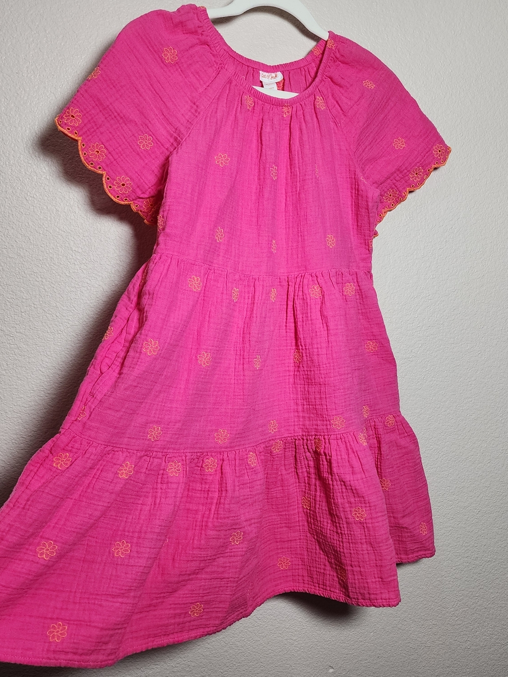 Hot Pink Cotton Tiered Dress with Orange Floral Embroidery Flowy Natural Fiber